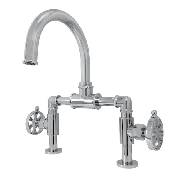 Industrial Style Whl Handle Bridge Bathroom Faucet W/Pop-Up Drain, Chrm